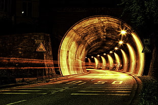 concrete tunnel, tunnel, road, night