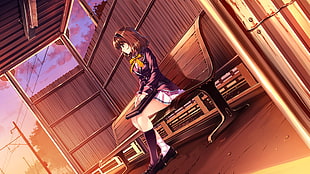 Anime character woman sitting on bench illustration