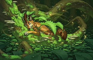 fox lying on treedigital artwork, fantasy art, furry, nature