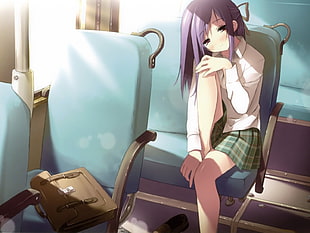 female anime character sitting on chair