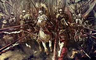men riding horse with spears painting, Poland, military, Polish hussar, fantasy art