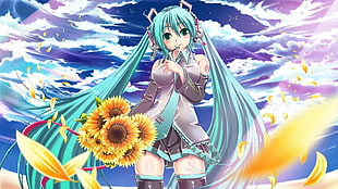 long teal haired female anime character holding sunflowers