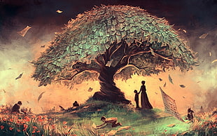 woman and child under on tree of money illustration HD wallpaper