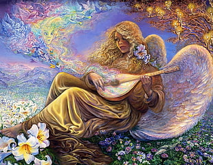 angel woman playing baglama string instrument wallpaper