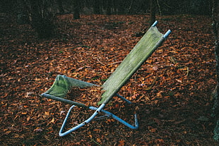 grey metal framed green folding chair, nature, chair, leaves, forest