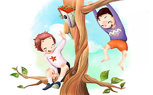 two Children's playing on tree illustration HD wallpaper