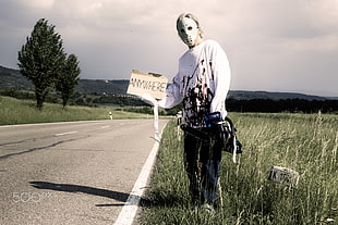 white Jason Voorhees mask, Razvan Chisu, humor, sign, blood HD wallpaper