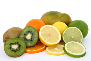 sliced Kiwi, Lemon, Orange, and Lime fruits HD wallpaper