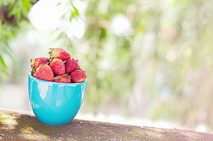 strawberries on blue ceramic teacup HD wallpaper