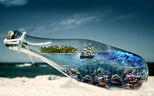 clear glass bottle, sea, old ship, abstract, sailing ship