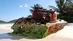 brown battle tank, tank, beach, sand, rust