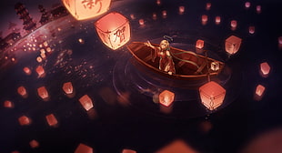 woman riding on brown bowl under lanterns