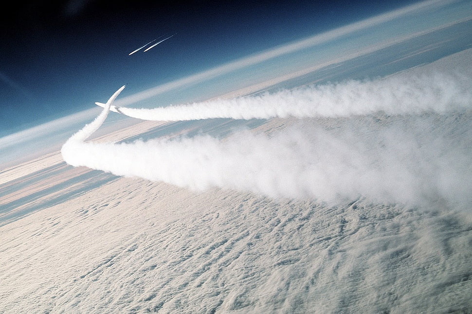 white and gray fur textile, rocket, Earth, space, clouds HD wallpaper