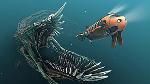 orange submarine being chased by monster illustration, dangerous, underwater, artwork