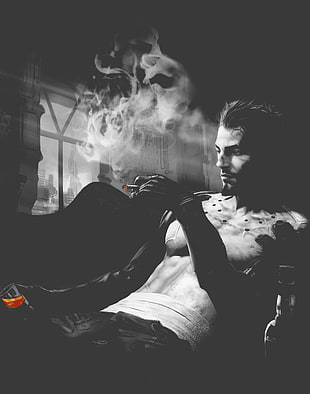 man smoking tobacco vector art, Deus Ex: Human Revolution, smoking, artwork, Adam Jensen