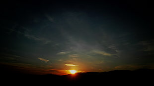 silhouette of mountain during golden hour digital wallpaper, Sun, cherry blossom, clouds, hot spring HD wallpaper