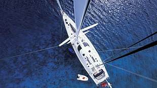 white cruise boat, sailing ship, top view, water, bird's eye view