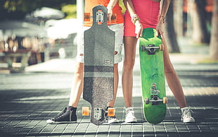 black and gray longboard and green skateboard, longboard, skateboarding, hobby, people HD wallpaper