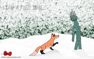 i saw a fuzzy snake illustration, snow, winter, cartoon, fox