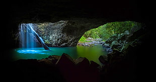 cave with falls, photography, landscape, nature, waterfall