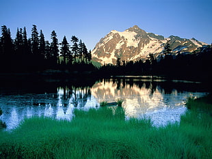 landscape photography of lake and mountain