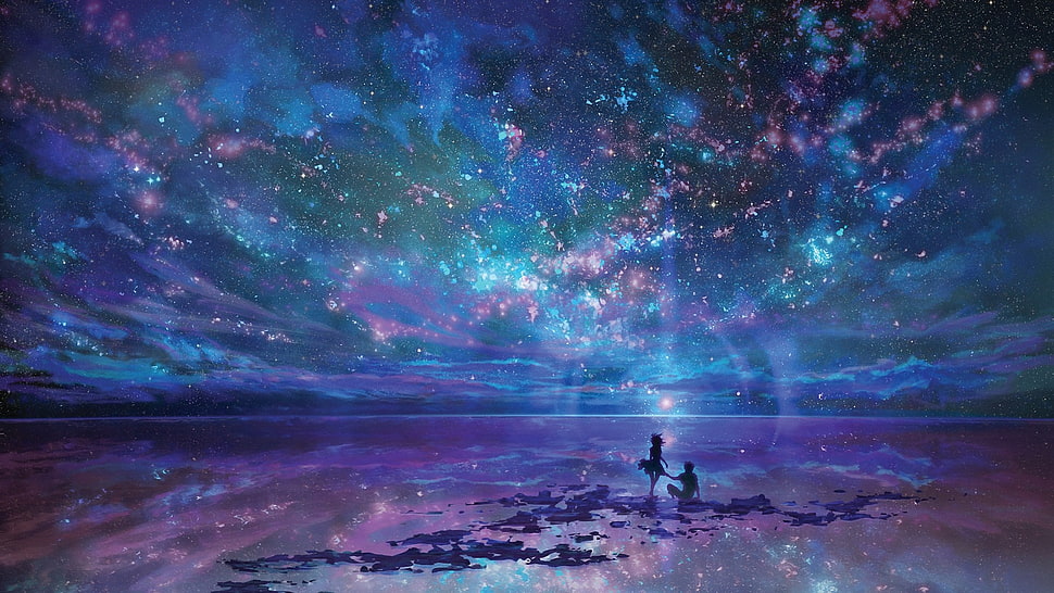 stars and calm body of water painting, artwork, fantasy art, stars, sea HD wallpaper