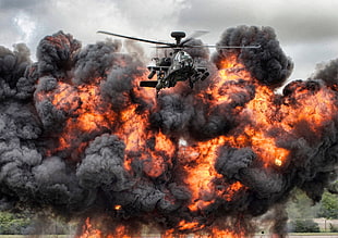 black helicopter, explosion, military