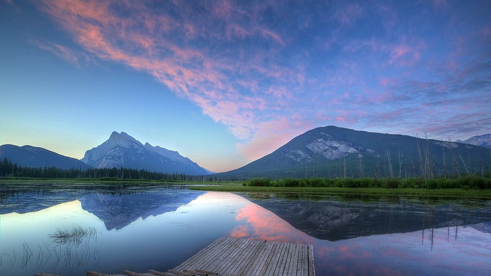 brown wooden dock, lake, mountains, reflection, sky HD wallpaper