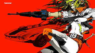 yellow haired woman cyborg holding gun anime character digital wallpaper