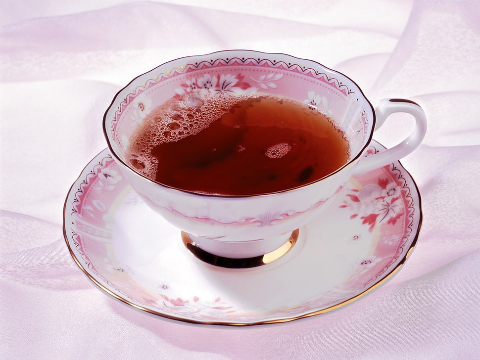 white and pink ceramic teacup with saucer and tea HD wallpaper