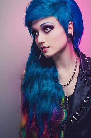 woman in blue hair wearing black leather top