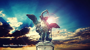 Archangel statue, st michael archangel, sky, lights, sword HD wallpaper