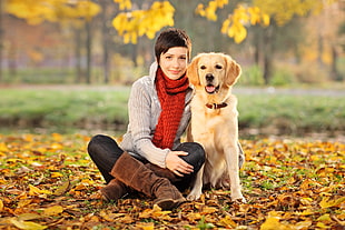adult Golden Retriever beside woman wearing sweater and black pants