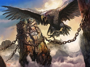 eagle and chain painting, painting, birds, Greek, Prometheus (mythology)