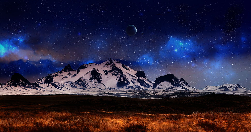 mountain hill, planet, mountains, stars, space art HD wallpaper