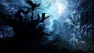 silhouette of tree and crows digital wallpaper, fantasy art, birds, the Darkness