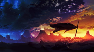mountains blue and orange half sky digital wallpaper, katana, Tengen Toppa Gurren Lagann, anime, fantasy art