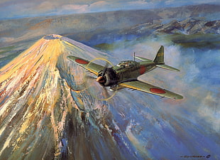 green Mitsubishi piston plane painting, Japan, World War II, Zero, Mitsubishi
