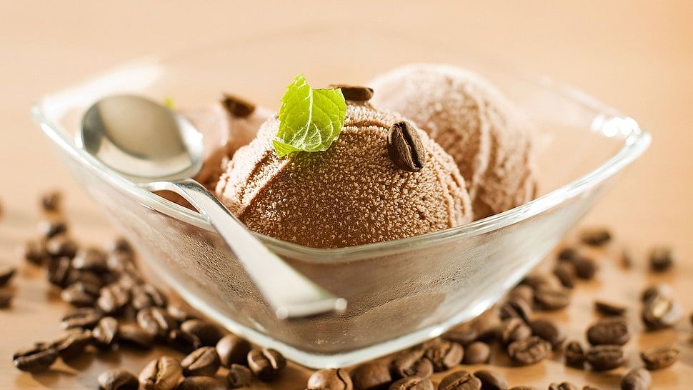 square clear glass bowl with coffee ice cream HD wallpaper