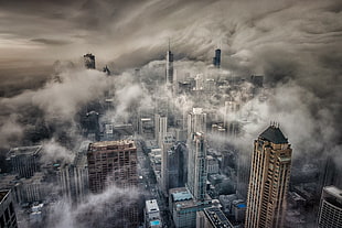 high-raise concrete buildings, Chicago, city, mist, clouds