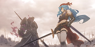 blue haired female anime character digital wallpaper, fantasy art, warrior, armor, sword