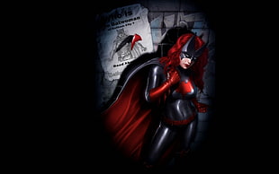 animated vignette photography of woman wearing black and red Batman costume