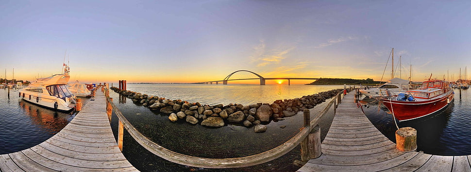 panoramic photography of wood dock during golden hour, landscape, fisheye lens, rock, beach HD wallpaper