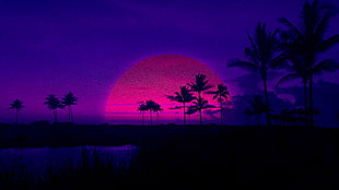 palm trees,  retrowave, Retrowave, purple, sunset
