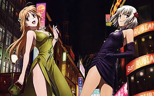 two female anime character in city street during nighttime illustration