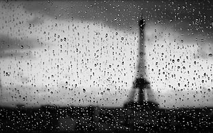Eiffel Tower digital wallpaper, water on glass, Eiffel Tower, blurred, monochrome