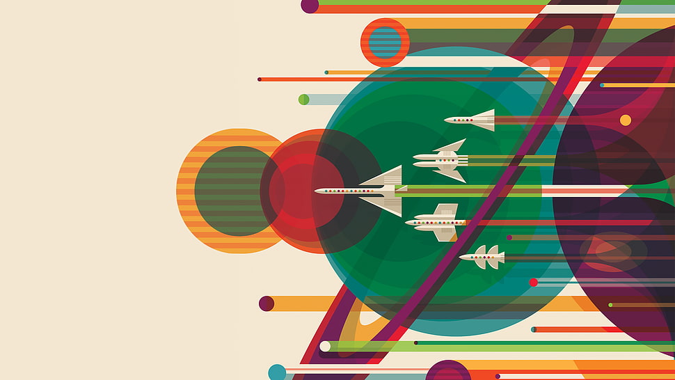 teal and multicolored abstract painting, spaceship, rocket HD wallpaper