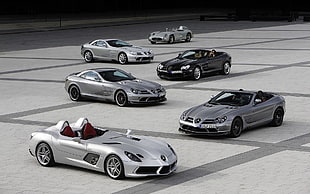 white BMW 5-series sedan, Mercedes-Benz SLR Stirling Moss, Mercedes-Benz SLR 722, Mercedes-Benz, Mercedes-Benz SLR