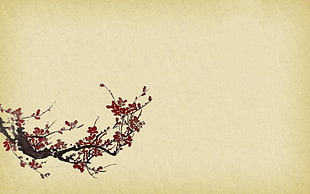 red flowering tree illustration, minimalism, texture, simple background, branch