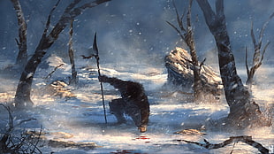 animal holding flag in snowfield forest digital wallpaper, fantasy art, warrior, spear, winter